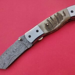 Handmade 8″ Damascus Steel Folding Knife – Custom Lockback Pocket Knife with Textured Ram Horn Handle, Dual Stainless Steel Bolsters, and Thumb Stud