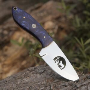 Handmade 6.5″ Stainless Steel Compact Skinner Knife – Custom Fixed Blade Hunting EDC Knife with Cosmic Blue Swirl Resin Handle, Custom Blade Silhouette Cutout, and Mosaic Pin