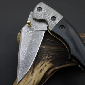 Handmade 8″ Damascus Steel Folding Knife – Custom Linerlock Pocket Knife with Polished Buffalo Horn Handle, Damascus Steel Bolsters, and Brass Thumb Stud