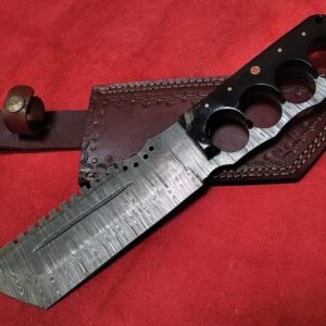 Handmade 9″ Damascus Steel Tactical Seax Knife – Custom Fixed Blade Knife with Trench-Style Buffalo Horn Knuckle Grip Handle, Sawback Spine, and Premium Tooled Leather Sheath