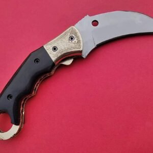 Handmade 7″ Stainless Steel Folding Karambit Knife – Custom Lockback Hawkbill Pocket Knife with Polished Buffalo Horn Handle, Hand-Engraved Brass Bolsters, and Tactical Safety Ring