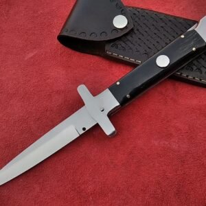 Handmade 9″ Stainless Steel Italian Stiletto Switchblade – Custom Automatic Pocket Knife with Polished Buffalo Horn Handle, Stainless Steel Bolsters, and Premium Leather Sheath