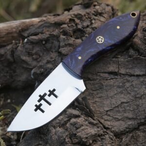 Handmade 6.5″ Stainless Steel Compact Skinner Knife – Custom Fixed Blade Hunting EDC Knife with Cosmic Blue Swirl Resin Handle, Custom Three Crosses Blade Cutout, and Mosaic Pin
