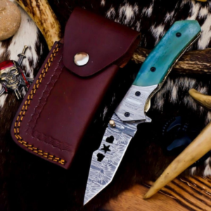 6.5″ Premium Damascus Steel Folding Knife, Colored Bone Handle & Damascus Bolster, Included Leather Sheath